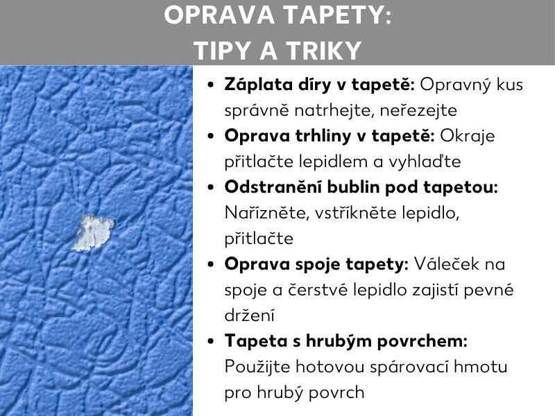 Oprava tapet: tipy a triky – infografika s modrou strukturovanou tapetou na pozadí, ve které je viditelná díra. Vpravo pět tipů ve výčtu: záplatování díry (záplatu vytrhnout, ne vystřihnout), oprava trhliny (okraje přitlačit lepidlem), odstranění bublin (naříznutí, vstříknutí lepidla, přitlačení), oprava spoje tapety (přítlačný váleček a čerstvé lepidlo) a oprava hrubovláknové tapety (použití hotové stěrkové hmoty).