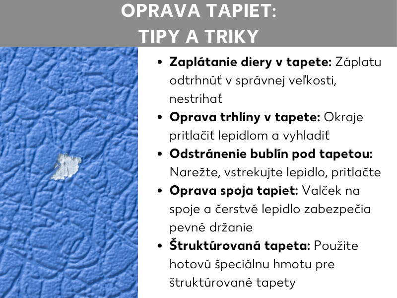 Oprava tapiet: tipy a triky – infografika s modrou štruktúrovanou tapetou v pozadí, na ktorej je viditeľná diera. Vpravo päť tipov v zozname: záplata na dieru (kúsok tapety odtrhnúť, nie odstrihnúť), oprava trhliny (okraje pritlačiť lepidlom), odstránenie bublín (narezať, vstreknúť lepidlo, pritlačiť), oprava švov tapety (valček na švy a čerstvé lepidlo) a oprava štruktúrovanej tapety (použiť hotovú stierku).