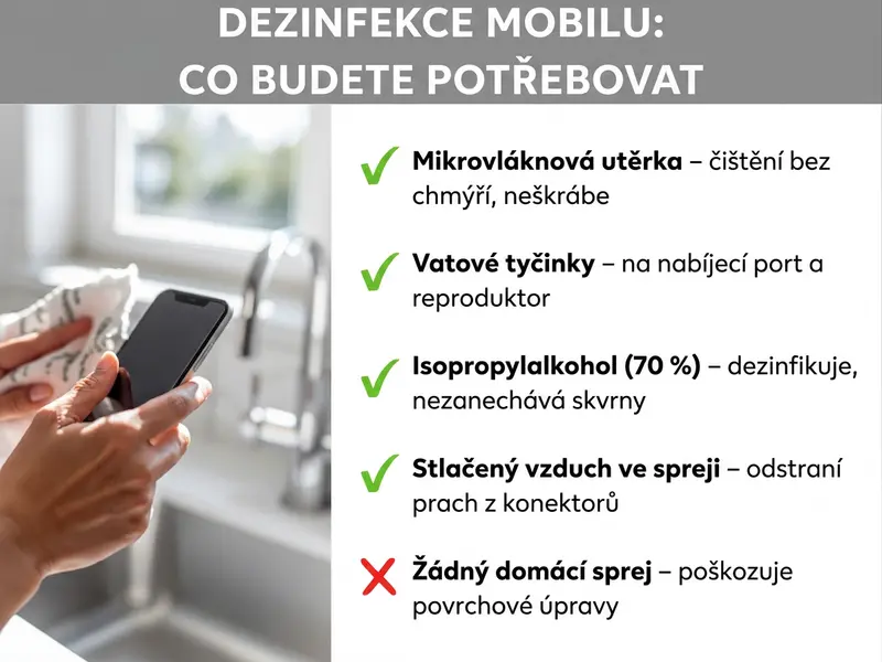 Infografika: Co potřebujete a čemu se vyhnout při dezinfekci telefonu. Zahrnuje hadřík z mikrovlákna, vatové tyčinky, isopropylalkohol a stlačený vzduch. Upozorňuje na nevhodnost čisticích prostředků pro domácnost.