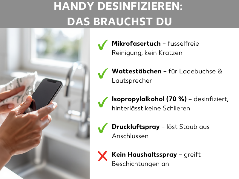 Infografik: Handy desinfizieren – Das brauchst du. Die Liste umfasst fünf Punkte mit Häkchen- und Kreuz-Symbolen: 1. Mikrofasertuch – fusselfreie Reinigung, kein Kratzen. 2. Wattestäbchen – für Ladebuchse & Lautsprecher. 3. Isopropylalkohol (70 %) – desinfiziert, hinterlässt keine Schlieren. 4. Druckluftspray – löst Staub aus Anschlüssen. 5. Kein Haushaltsspray – greift Beschichtungen an. Links im Bild ist eine Hand zu sehen, die ein Smartphone mit einem Tuch abwischt.