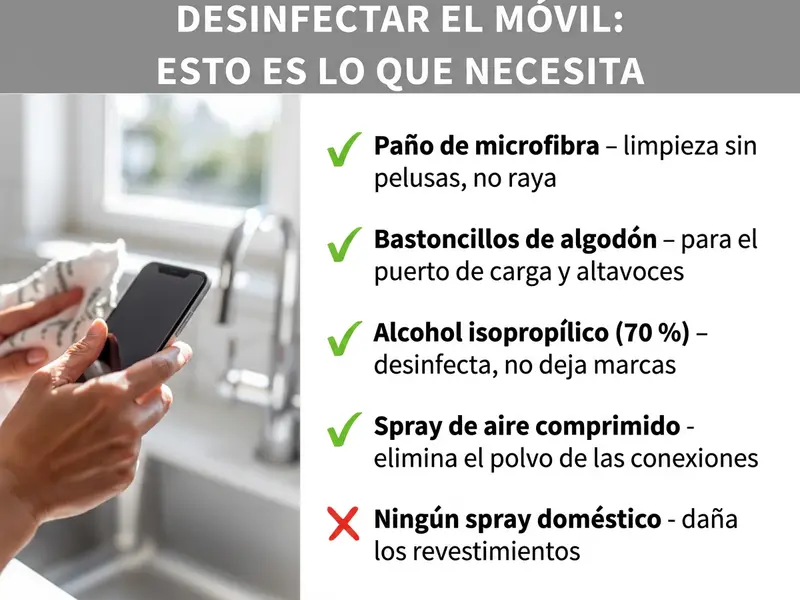 Infografía: Desinfectar el móvil: esto es lo que necesitas. La lista incluye cinco puntos con símbolos de verificación y de cruz: 1. Paño de microfibra: limpieza sin pelusa ni arañazos. 2. Bastoncillos de algodón: para el puerto de carga y los altavoces. 3. Alcohol isopropílico (70 %): desinfecta sin dejar marcas. 4. Spray de aire comprimido: elimina el polvo de las conexiones. 5. Nada de sprays domésticos: dañan los revestimientos. A la izquierda de la imagen se ve una mano limpiando un smartphone con un paño.