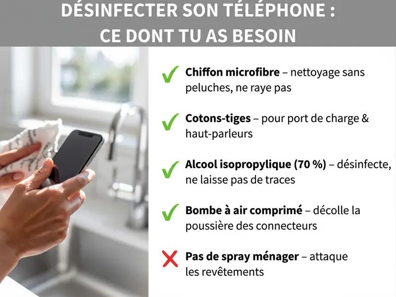 Infographie résumant le matériel nécessaire pour désinfecter un smartphone : chiffon microfibre, cotons-tiges, alcool isopropylique, bombe à air et les produits à éviter.