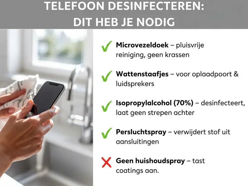 Infographic: Smartphone desinfecteren - dit heb je nodig. De lijst bevat vijf punten met vinkjes en kruisjes: 1. Microvezeldoekje - pluisvrije reiniging, geen krassen. 2. Wattenstaafjes - voor oplaadpoort en luidspreker. 3. Isopropylalcohol (70%) - desinfecteert, laat geen strepen achter. 4. Persluchtspray - verwijdert stof uit aansluitingen. 5. Geen huishoudspray - tast coatings aan. Links in beeld is een hand te zien die een smartphone met een doekje afveegt.