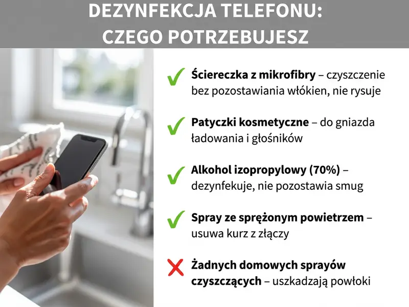 Infografika: dezynfekcja telefonu – co jest potrzebne. Lista obejmuje pięć punktów z symbolami „tak" i „nie": 1. Ściereczka z mikrofibry – czyszczenie bez zarysowań i kłaczków. 2. Patyczki higieniczne – do gniazda ładowania i głośników. 3. Alkohol izopropylowy (70%) – dezynfekuje, nie zostawia smug. 4. Sprężone powietrze – usuwa kurz z portów. 5. Bez domowych sprayów – niszczą powłokę ekranu. Po lewej stronie widać dłoń wycierającą smartfon ściereczką.