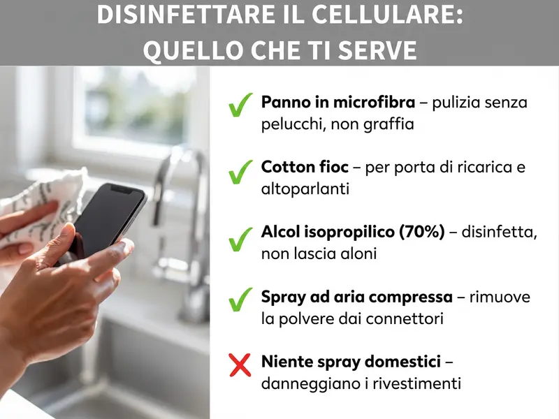 Infografica: disinfettare lo smartphone – cosa ti serve. L’elenco comprende cinque punti con segni di spunta e di croce: 1. Panno in microfibra – pulizia senza pelucchi, non graffia. 2. Bastoncini di cotone – per la porta di ricarica e gli altoparlanti. 3. Alcol isopropilico (70%) – disinfetta senza lasciare aloni. 4. Spray ad aria compressa – rimuove la polvere dalle fessure. 5. No ai detergenti per la casa – danneggiano i rivestimenti. A sinistra si vede una mano che pulisce uno smartphone con un panno.