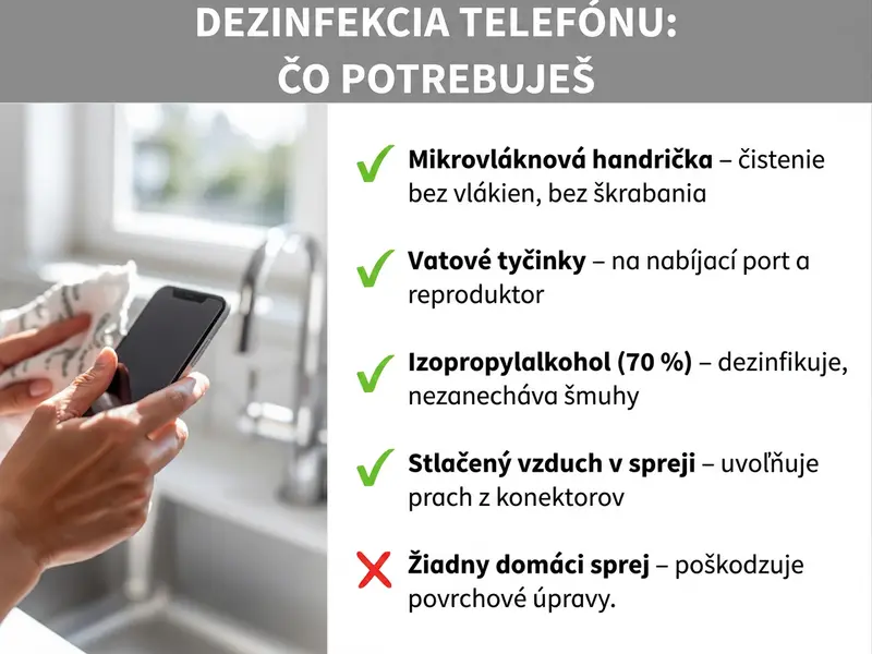 Infografika: Ako dezinfikovať mobil – čo budete potrebovať. Zoznam obsahuje päť bodov so symbolmi fajky a krížika: 1. Utierka z mikrovlákna – čistenie bez vlákien a bez škrabancov. 2. Vatové tyčinky – na nabíjací konektor a reproduktory. 3. Izopropylalkohol (70 %) – dezinfikuje a nezanecháva šmuhy. 4. Stlačený vzduch v spreji – odstraňuje prach z konektorov. 5. Žiadne domáce čistiace prostriedky – poškodzujú povrchové vrstvy. Na obrázku je ruka, ktorá utierkou čistí smartfón.