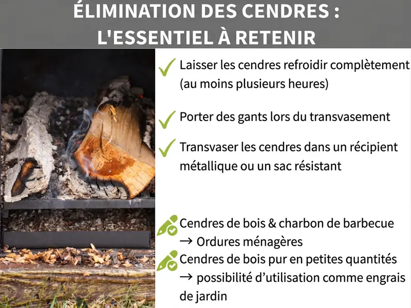 Infographie : élimination des cendres – l'essentiel en un coup d'œil. À gauche, une photo de bûches incandescentes sur un barbecue avec de la cendre. À droite, cinq points clés : 1. Laisser les cendres refroidir complètement (plusieurs heures minimum). 2. Porter des gants pour la manipulation. 3. Transvaser les cendres dans un récipient en métal ou un sac solide. 4. Jeter les cendres de bois et de charbon avec les ordures ménagères. 5. Utiliser les cendres de bois pur en petites quantités comme engrais au jardin (facultatif).