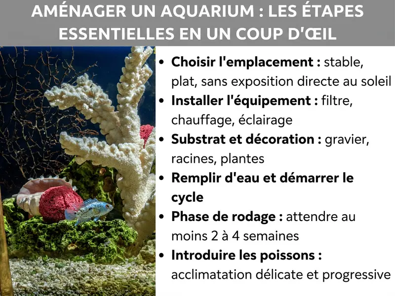 Infographie : Aménagement d’un aquarium, les étapes clés en un coup d’œil. La liste comprend six points : 1. Choisir l’emplacement : stable, plat, sans soleil direct. 2. Installer l’équipement : filtre, chauffage, éclairage. 3. Mettre en place le substrat et la décoration : gravier, racines, plantes. 4. Remplir d’eau et lancer le cycle. 5. Phase de rodage : attendre au moins 2 à 4 semaines. 6. Introduire les poissons : avec précaution et progressivement.
