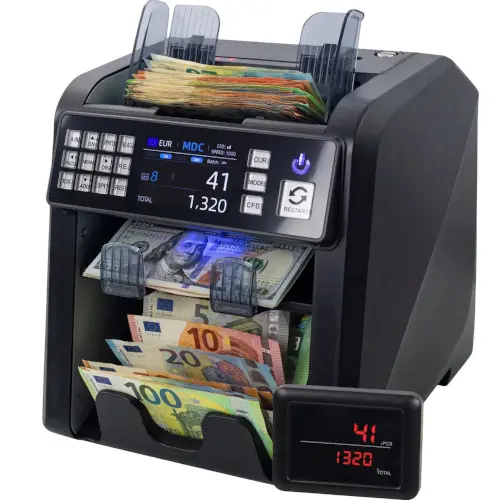 Geldzählmaschine mit Euro- und Dollarscheinen