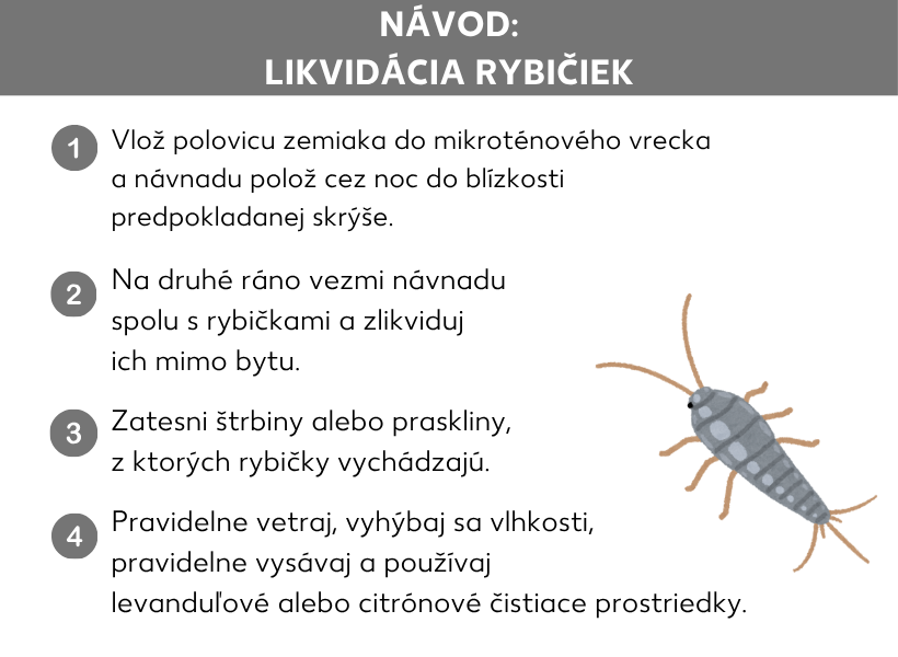 Infografika: Návod: ako sa zbaviť švehiel. 1. Do vrecúška na mrazenie vložte polovicu zemiaka a návnadu umiestnite na noc do blízkosti miesta, o ktorom sa domnievate, že slúži ako skrýša pre švehly. 2. Ráno návnadu spolu so švehlami odstráňte a zlikvidujte mimo domu. 3. Trhliny a pukliny, z ktorých švehly vychádzajú, utesnite. 4. Pravidelne vetrajte, zabráňte hromadeniu vlhkosti, často vysávajte a používajte čistiace prostriedky s levanduľovou alebo citrusovou vôňou.