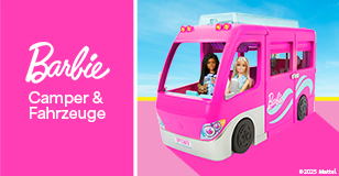 Werbung: Zwei Barbie-Puppen fahren in einem pinken Wohnmobil. Text-Banner: Barbie Camper & Fahrzeuge.