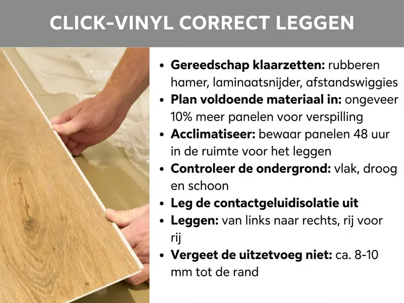 Infographic: "Klikvinyl goed leggen" – Een handleiding in zeven stappen, geïllustreerd met een foto van twee handen die een klikvinylpaneel tijdens het leggen vastklikken. De stappen zijn: 1. Gereedschap klaarleggen: rubberhamer, laminaatsnijder, afstandswiggen. 2. Voldoende materiaal inplannen: circa 10% meer panelen voor snijverlies. 3. Acclimatiseren: panelen 48 uur in de ruimte bewaren voor het leggen. 4. Ondergrond controleren: vlak, droog en schoon. 5. Ondervloer uitleggen. 6. Leggen: van links naar rechts, rij voor rij. 7. Dilatatievoeg niet vergeten: circa 8–10 mm tot de rand.