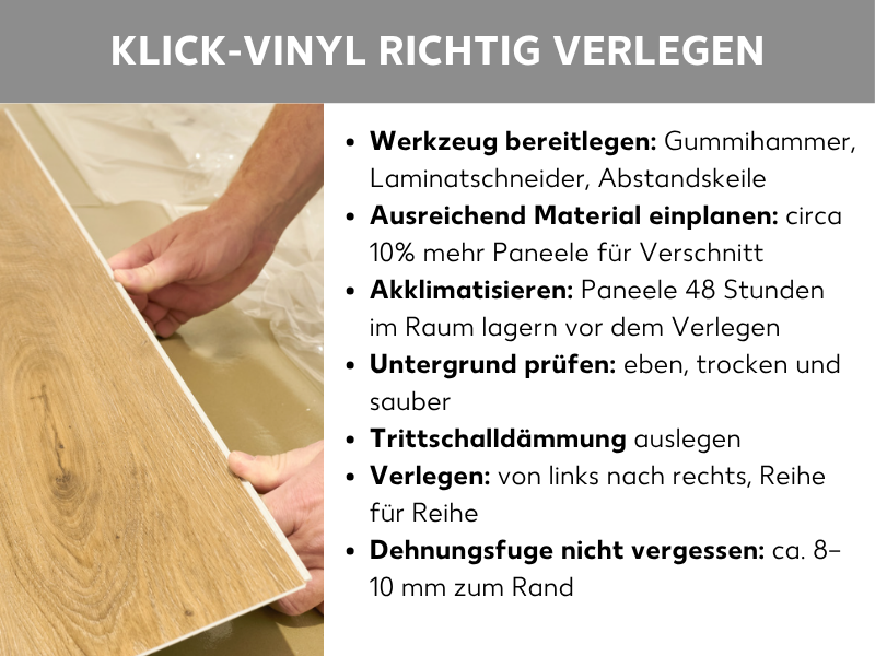 Infografik: „Klick-Vinyl richtig verlegen" – Eine Anleitung mit sieben Schritten, illustriert durch ein Foto von zwei Händen, die ein Klick-Vinyl-Paneel beim Verlegen einrasten. Die Schritte lauten: 1. Werkzeug bereitlegen: Gummihammer, Laminatschneider, Abstandskeile. 2. Ausreichend Material einplanen: circa 10 % mehr Paneele für Verschnitt. 3. Akklimatisieren: Paneele 48 Stunden im Raum lagern vor dem Verlegen. 4. Untergrund prüfen: eben, trocken und sauber. 5. Trittschalldämmung auslegen. 6. Verlegen: von links nach rechts, Reihe für Reihe. 7. Dehnungsfuge nicht vergessen: ca. 8–10 mm zum Rand.