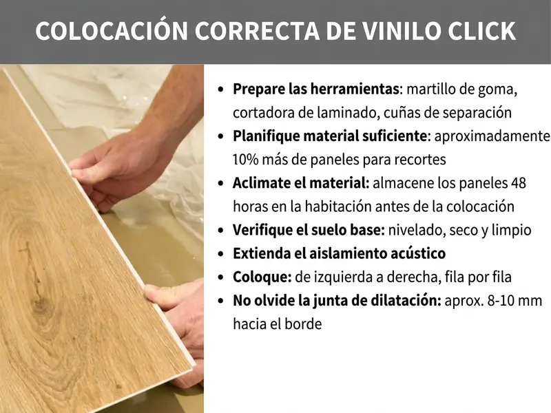 Infografía: «Cómo instalar vinilo click correctamente» — Guía en siete pasos, ilustrada con una foto de dos manos encajando una lama de vinilo click durante la instalación. Los pasos son: 1. Preparar las herramientas: martillo de goma, cortador de laminado, cuñas separadoras. 2. Calcular material suficiente: aproximadamente un 10 % más de lamas para recortes. 3. Aclimatar: dejar las lamas 48 h en la habitación antes de instalarlas. 4. Comprobar la base: nivelada, seca y limpia. 5. Colocar el aislamiento acústico. 6. Instalar: de izquierda a derecha, fila por fila. 7. No olvidar la junta de dilatación: aprox. 8-10 mm hasta el borde.