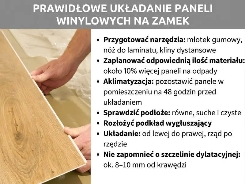 Infografika: „Jak prawidłowo układać panele winylowe klik" – Instrukcja w siedmiu krokach, zilustrowana zdjęciem dwóch dłoni wprasowujących panel winylowy klik podczas montażu. Kroki: 1. Przygotuj narzędzia: młotek gumowy, obcinarkę do paneli, kliny dystansowe. 2. Zaplanuj odpowiednią ilość materiału: ok. 10% więcej paneli na docinanie. 3. Aklimatyzacja: panele przechowuj w pomieszczeniu przez 48 godzin przed montażem. 4. Sprawdź podłoże: równe, suche i czyste. 5. Rozłóż podkład wygłuszający. 6. Układanie: od lewej do prawej, rząd po rzędzie. 7. Nie zapomnij o szczelinie dylatacyjnej: ok. 8–10 mm od ścian.