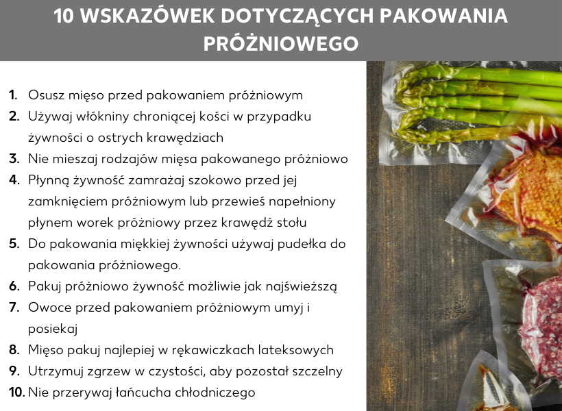 Grafika przedstawiająca 10 wskazówek dotyczących pakowania próżniowego