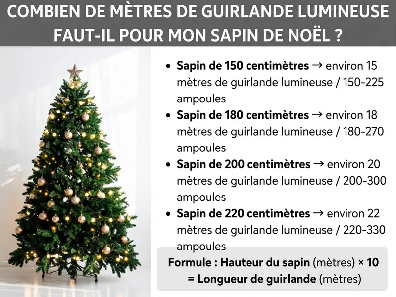 Infographie : combien de mètres de guirlande lumineuse pour mon sapin de Noël ? À gauche, un sapin décoré avec des boules dorées, une guirlande lumineuse et une étoile au sommet. À droite, quatre repères : un sapin de 150 cm nécessite environ 15 mètres de guirlande, soit 150 à 225 LEDs. Un sapin de 180 cm nécessite environ 18 mètres, soit 180 à 270 LEDs. Un sapin de 200 cm nécessite environ 20 mètres, soit 200 à 300 LEDs. Un sapin de 220 cm nécessite environ 22 mètres, soit 220 à 330 LEDs. En bas, la formule : hauteur du sapin en mètres multipliée par 10 donne la longueur de guirlande en mètres.