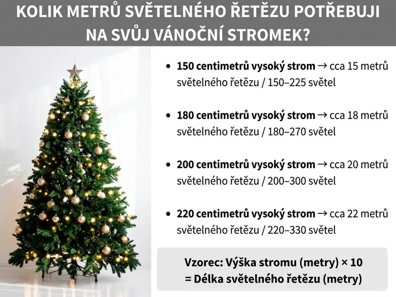 Infografika ukazující, kolik metrů světelného řetězu je potřeba pro různé výšky vánočních stromků.