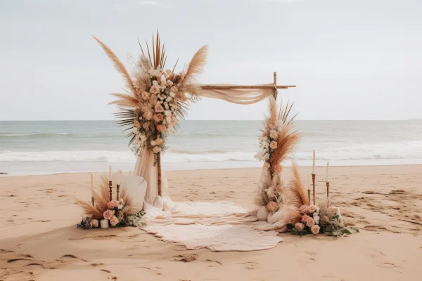 Eckiger und mit Blumen und Stoff geschmückter Bambushochzeitsbogen am Strand