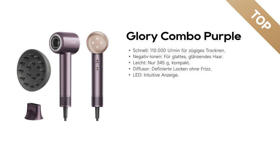 Werbung: TOP-Haartrockner Glory Combo Purple. Bild zeigt Föhn mit 2 Aufsätzen. Highlights: schnell, leicht & Ionen-Pflege.