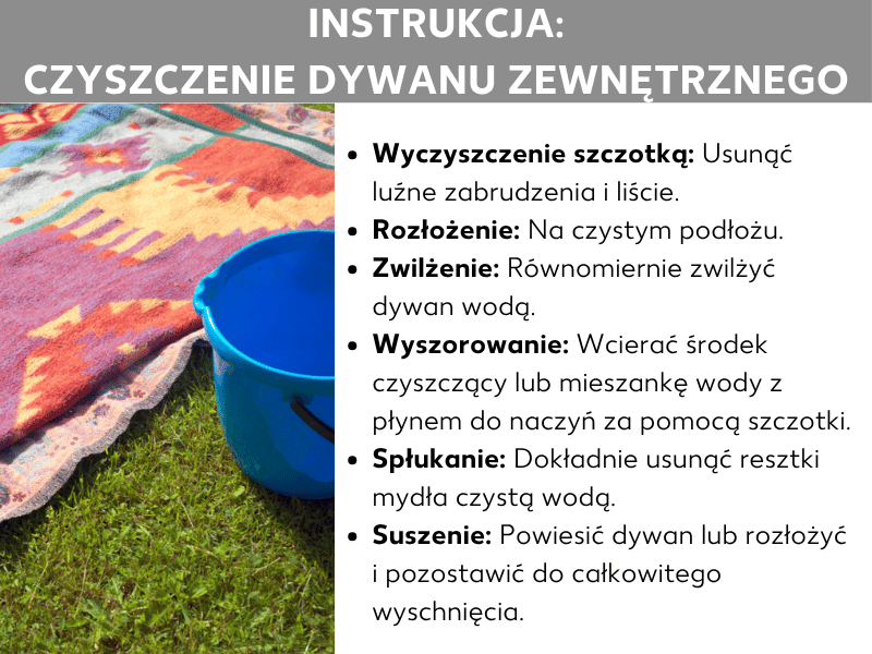 Infografika: instrukcja czyszczenia dywanu zewnętrznego w sześciu krokach – szczotkowanie, rozłożenie, nawilżenie, szorowanie, spłukiwanie i suszenie. W tle kolorowy dywan na trawniku obok niebieskiego wiadra.