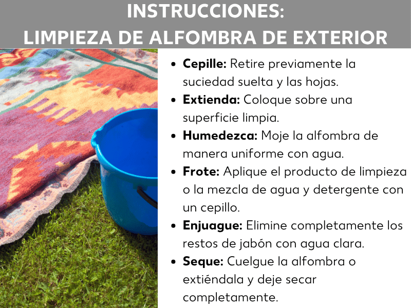 Infografía: instrucciones para limpiar una alfombra de exterior en seis pasos: cepillar, extender, humedecer, frotar, aclarar y secar. En la imagen de fondo se ve una alfombra de colores sobre césped junto a un cubo azul.