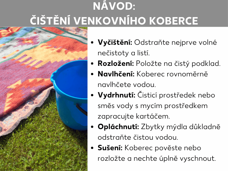 Infografika: Návod na čištění venkovního koberce v šesti krocích – vykartáčování, rozložení, namočení, vydrhnutí, opláchnutí a usušení. Na obrázku v pozadí je barevný koberec na trávníku vedle modrého kbelíku.