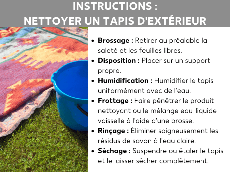Infographie : guide pour nettoyer un tapis d'extérieur en six étapes : brosser, étaler, humidifier, frotter, rincer et sécher. En arrière-plan, un tapis coloré posé sur une pelouse à côté d'un seau bleu.