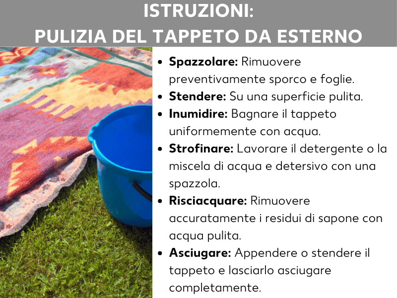 Infografica: istruzioni illustrate in sei passaggi per pulire un tappeto outdoor. Sullo sfondo si vede un tappeto colorato su un prato accanto a un secchio blu.