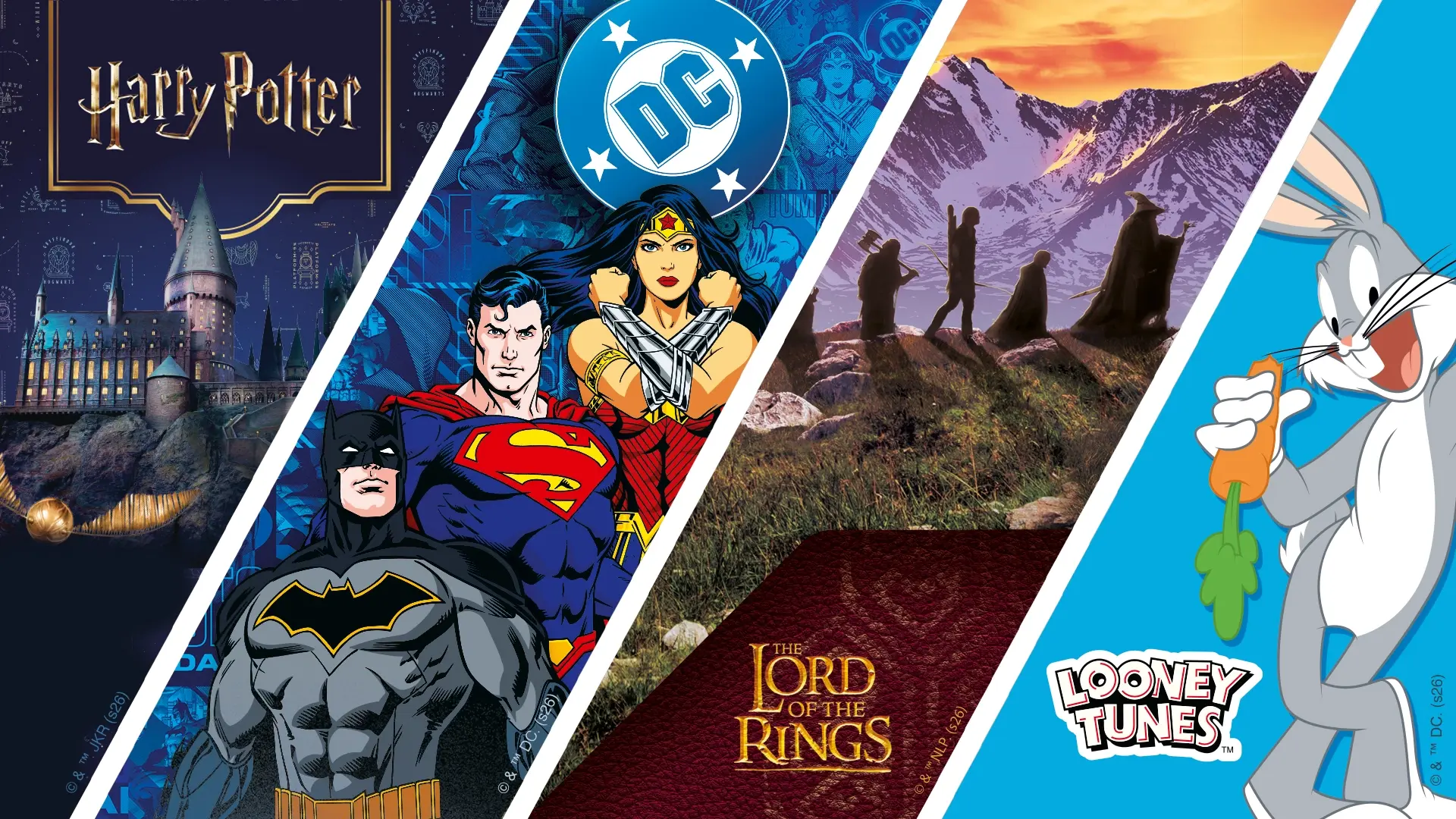 Werbung: Warner Bros. Marken: Harry Potter (Hogwarts), DC Comics (Superhelden), Lord of the Rings & Looney Tunes (Bugs Bunny).