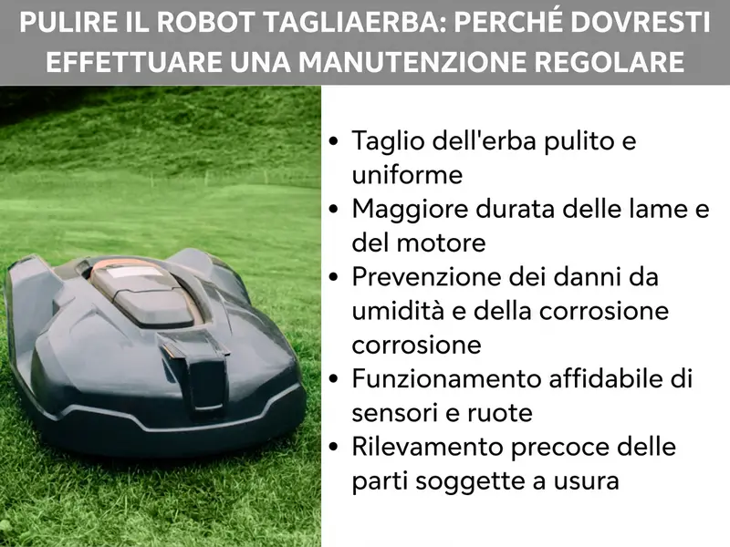 Infografica: pulizia del robot tagliaerba – ecco perché è importante una manutenzione regolare. L'immagine mostra a sinistra la foto di un robot tagliaerba nero su un prato verde. A destra, un elenco con cinque punti: 1. Taglio uniforme e pulito. 2. Maggiore durata delle lame e del motore. 3. Prevenzione di danni da umidità e corrosione. 4. Funzionamento affidabile di sensori e ruote. 5. Individuazione tempestiva delle parti soggette a usura.