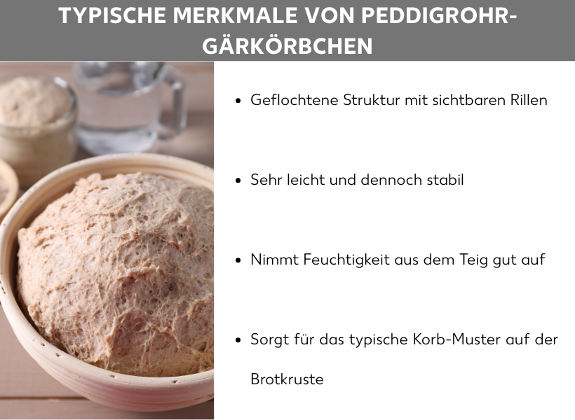 Infografik Typische Merkmale von Peddigrohr-Gärkörbchen. Listenpunkte: Geflochtene Struktur mit sichtbaren Rillen, Sehr leicht und dennoch stabil, Nimmt Feuchtigkeit aus dem Teig gut auf, Sorgt für das typische Korb-Muster auf der Brotkruste