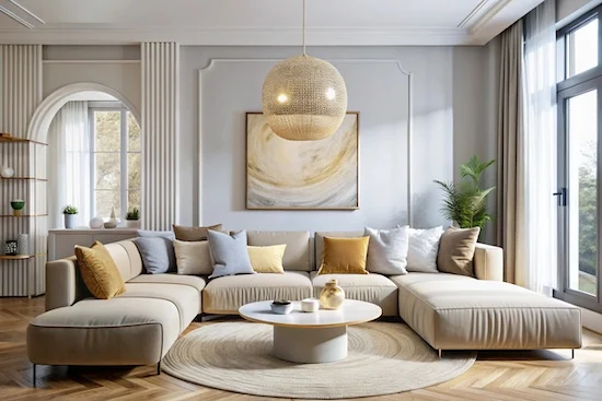 Wohnlandschaft mit rundem Teppich