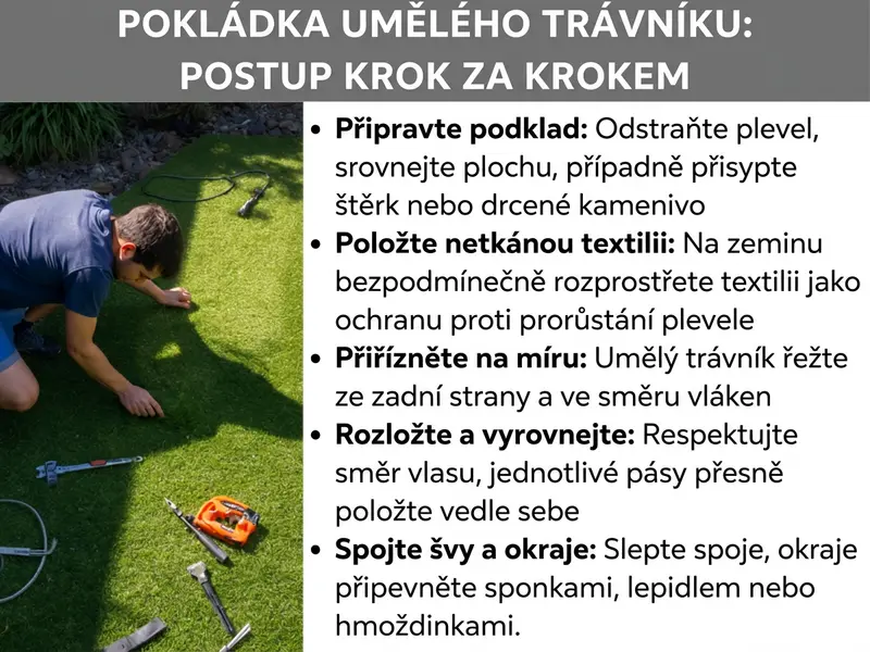 Infografika: Pokládka umělého trávníku v 5 krocích: 1. Příprava podkladu: Odstranění plevele, vyrovnání plochy, případně nasypání štěrku nebo drti. 2. Položení textilie proti plevelu: Na hlíně je textilie nezbytná jako ochrana proti prorůstání plevele. 3. Zastřižení: Umělý trávník stříhejte ze zadní strany a podél vláken. 4. Rozložení a vyrovnání: Dbejte na směr vlasu, pásy přesně přiložte k sobě. 5. Fixace spojů a okrajů: Spoje slepte, okraje upevněte sponkovačkou, lepidlem nebo hmoždinkami.