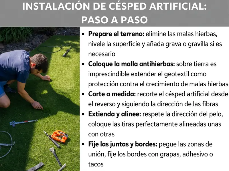 Infografía: instalar césped artificial en 5 pasos: 1. Preparar la superficie: retirar malas hierbas, nivelar el terreno, añadir grava o gravilla si es necesario. 2. Colocar la malla antihierbas: sobre tierra, extender obligatoriamente la malla como protección contra las malas hierbas. 3. Recortar: recortar el césped artificial por la parte trasera y a lo largo de las fibras. 4. Extender y alinear: respetar la dirección de la fibra, colocar las tiras perfectamente juntas. 5. Fijar juntas y bordes: pegar las uniones, grapar, pegar o fijar con tacos los bordes.