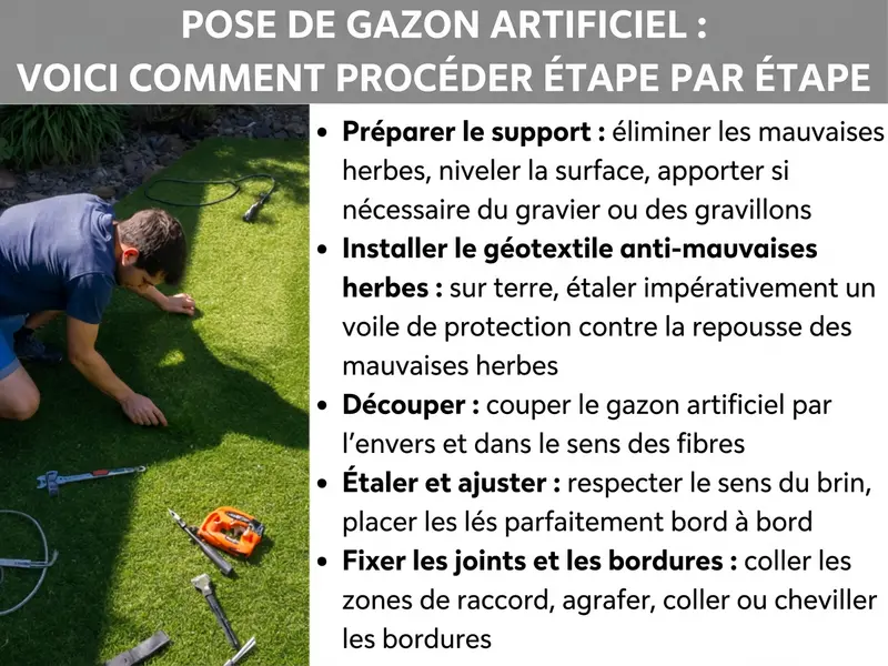 Infographie : poser du gazon synthétique en 5 étapes – 1. Préparer le support : retirer les mauvaises herbes, aplanir la surface, ajouter du gravier ou des gravillons si nécessaire. 2. Poser la toile anti-mauvaises herbes : indispensable sur terre pour bloquer les repousses. 3. Découper : couper le gazon synthétique par l’envers, dans le sens des fibres. 4. Dérouler et aligner : respecter le sens des fibres, aligner les lés avec précision. 5. Fixer les raccords et les bords : coller les jonctions, agrafer, coller ou cheviller les bords.