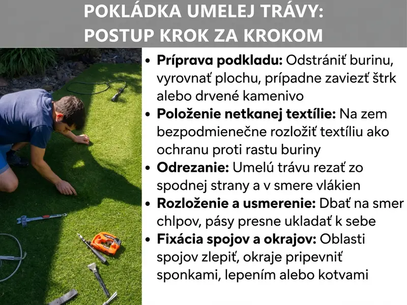 Infografika: Pokládka umelého trávnika v 5 krokoch: 1. Príprava podkladu: odstránenie buriny, vyrovnanie plochy, prípadne nasypanie štrku alebo drveného kameňa. 2. Položenie agrotextílie: na zemine je nevyhnutná ako ochrana proti burine. 3. Strihanie: umelý trávnik strihajte zo zadnej strany a pozdĺž vlákien. 4. Rozloženie a zarovnanie: dodržujte smer vlasu, pásy presne priložte k sebe. 5. Fixovanie švov a okrajov: spoje zlepte, okraje upevnite sponkovačkou, lepidlom alebo hmoždinkami.