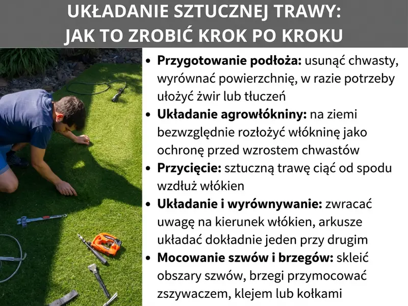 Infografika: Układanie sztucznej trawy w 5 krokach: 1. Przygotowanie podłoża: usunięcie chwastów, wyrównanie terenu, ewentualne wsypanie żwiru lub grysu. 2. Ułożenie agrowłókniny: na ziemi koniecznie rozłóż agrowłókninę chroniącą przed chwastami. 3. Przycinanie: przytnij sztuczną trawę od strony spodniej, wzdłuż włókien. 4. Rozłożenie i wyrównanie: zwróć uwagę na kierunek włókien, ułóż pasy dokładnie obok siebie. 5. Mocowanie szwów i krawędzi: sklej łączenia, krawędzie przymocuj zszywaczem, klejem lub kołkami.