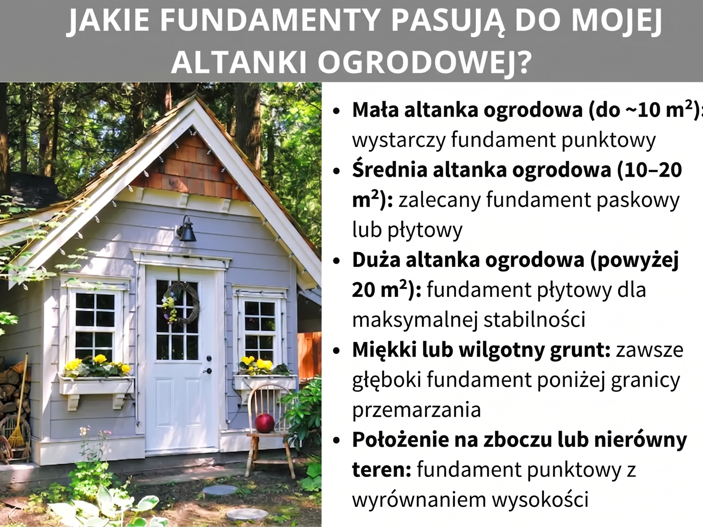 Infografika: Jaki fundament pasuje do mojego domku ogrodowego? Lista z pięcioma punktami: 1. Mały domek ogrodowy (do ok. 10 m²): wystarczy fundament punktowy. 2. Średni domek ogrodowy (10–20 m²): zalecany fundament ławowy lub płytowy. 3. Duży domek ogrodowy (powyżej 20 m²): fundament płytowy zapewniający maksymalną stabilność. 4. Miękki lub wilgotny grunt: zawsze głęboki fundament poniżej granicy przemarzania. 5. Teren pochyły lub nierówny: fundament punktowy z wyrównaniem wysokości.