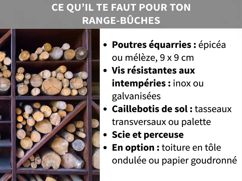 Infographie : le matériel nécessaire pour fabriquer un range-bûches. À gauche, photo d'une étagère à bûches remplie de rondins. À droite, une liste en cinq points : 1. Chevrons : épicéa ou mélèze, 9 × 9 cm. 2. Vis résistantes aux intempéries : inox ou galvanisées. 3. Plancher ajouré : traverses ou palette. 4. Scie et perceuse. 5. En option : toit en tôle ondulée ou feutre bitumé.