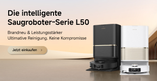 Werbung: Intelligente Saugroboter-Serie L50. Brandneu & leistungsstärker. Gezeigt werden zwei Modelle mit Basisstation.