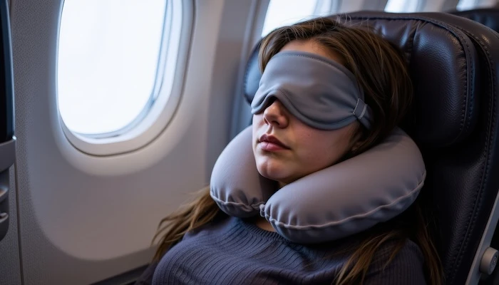Schmuckbild: Frau, die eine Schlafmaske und ein Nackenkissen trägt und auf einem zurückgeklappten Flugzeugsitz liegt.