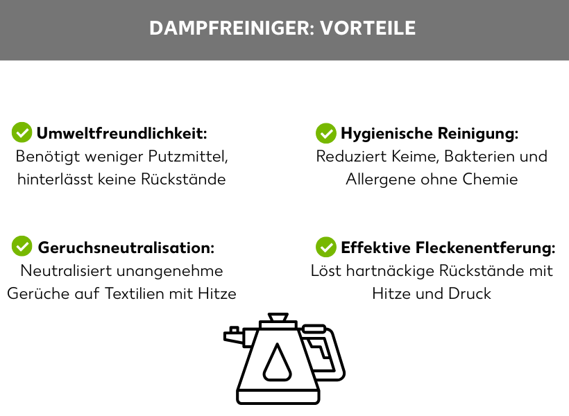 Infografik Dampfreiniger Vorteile: Umweltfreundlichkeit: Benötigt weniger Putzmittel, hinterlässt keine Rückstände; Geruchsneutralisation: Neutralisiert unangenehme Gerüche auf Textilien mit Hitze; Hygienische Reinigung: Reduziert Keime, Bakterien und Allergene ohne Chemie; Effektive Fleckenentfernung: Löst hartnäckige Rückstände mit Hitze und Druck