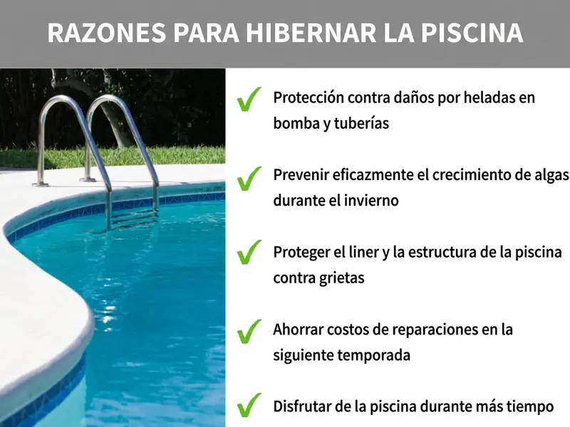 Infografía «Motivos para invernar la piscina»: a la izquierda, una foto de una escalera de acero inoxidable en una piscina exterior de color azul. A la derecha, una lista con cinco marcas de verificación verdes: 1. Proteger la bomba y las tuberías frente a daños por heladas. 2. Prevenir eficazmente la aparición de algas en invierno. 3. Evitar grietas en el liner y el vaso de la piscina. 4. Ahorrar costes de reparación en la próxima temporada. 5. Disfrutar de la piscina durante más tiempo.