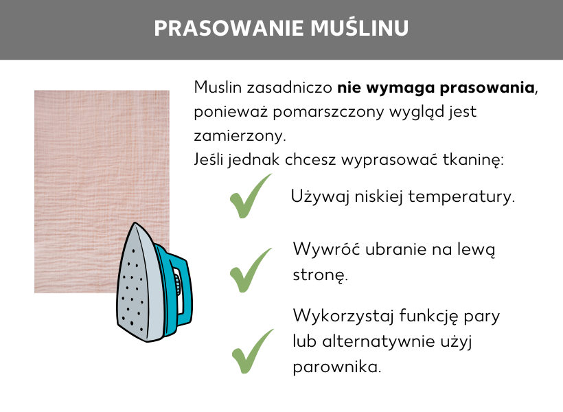 Infografika: Wskazówki dotyczące prasowania muślinu. Muślinowy materiał, pod nim żelazko. Obok: Zasadniczo muślinu nie trzeba prasować, ponieważ pognieciony wygląd jest zamierzony. Jeśli jednak chcesz go wyprasować: Ustaw w żelazku niską temperaturę, przewróć ubranie na lewą stronę, włącz funkcję pary lub alternatywnie użyj parownicy