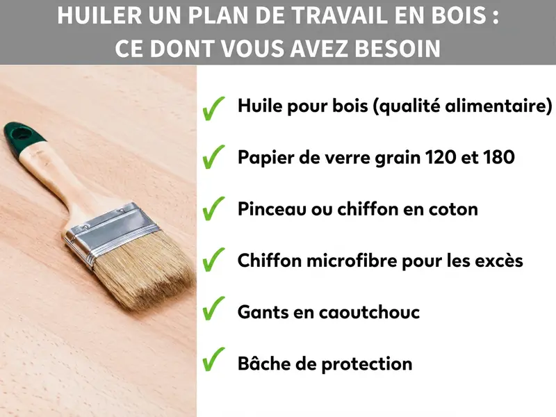 Infographie « Huiler un plan de travail en bois – Le matériel nécessaire » : à gauche, un pinceau posé sur une surface en bois clair ; à droite, une liste de six éléments : huile pour bois (compatible alimentaire), papier de verre grains 120 et 180, pinceau ou chiffon en coton, chiffon en microfibre pour les excédents, gants en caoutchouc et protection de surface.