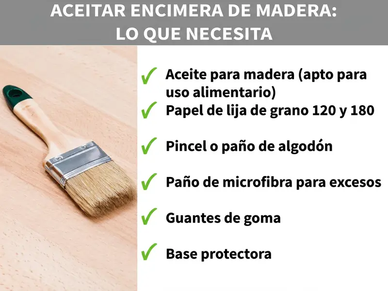 Infografía «Aceitar encimera de madera: lo que necesitas»: a la izquierda, una brocha sobre una superficie de madera clara; a la derecha, una lista con seis materiales: aceite para madera (apto para alimentos), papel de lija de grano 120 y 180, brocha o paño de algodón, paño de microfibra para los excesos, guantes de goma y base protectora.
