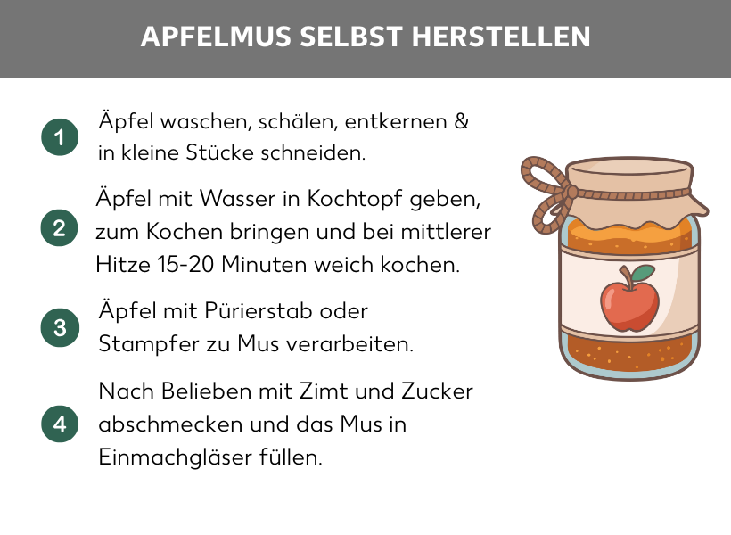 Infografik: Apfelmus selbst herstellen. Ein Einmachglas mit Apfelmus, daneben folgende Punkte: Äpfel waschen, schälen, entkernen und in kleine Stücke schneiden. Äpfel mit Wasser in Kochtopf geben, zum Kochen bringen und bei mittlerer Hitze 15-20 Minuten weich kochen. Äpfel mit Pürierstab doer Stampfer zu Mus verarbeiten. Nach Belieben mit Zimt und Zucker abschmecken und das Mus in Einmachgläser füllen.