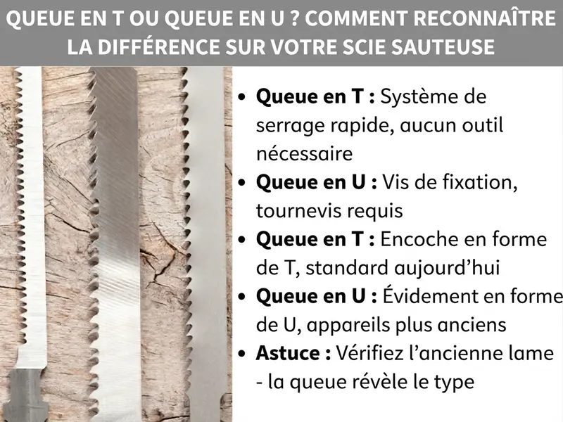 Infographie : fixation en T ou en U ? Comment reconnaître le type de votre scie sauteuse. La liste comprend cinq points : 1. Fixation en T : dispositif de serrage rapide, aucun outil nécessaire. 2. Fixation en U : vis de maintien, tournevis requis. 3. Fixation en T : encoche en T, standard actuel. 4. Fixation en U : découpe en U, modèles plus anciens. 5. Astuce : examinez l’ancienne lame – la tige révèle le type. En arrière-plan, deux lames de scie sauteuse à dentures différentes devant un morceau de bois.