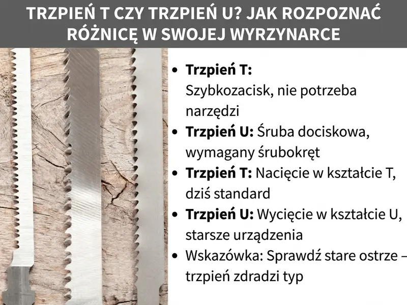Infografika: T-chwyt czy U-chwyt? Jak rozpoznać różnicę w wyrzynarce. Lista zawiera pięć punktów: 1. T-chwyt: mechanizm szybkiego mocowania, bez dodatkowych narzędzi. 2. U-chwyt: śruba dociskowa, potrzebny śrubokręt. 3. T-chwyt: nacięcie w kształcie litery T, dziś standard. 4. U-chwyt: wycięcie w kształcie litery U, starsze urządzenia. 5. Porada: sprawdź stary brzeszczot – trzonek zdradzi typ. W tle widać dwa brzeszczoty o różnym uzębieniu na tle kawałka drewna.